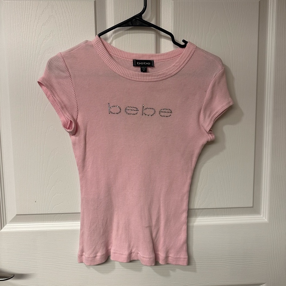 Bebe Light Pink Ribbed Tee with Rhinestone Logo